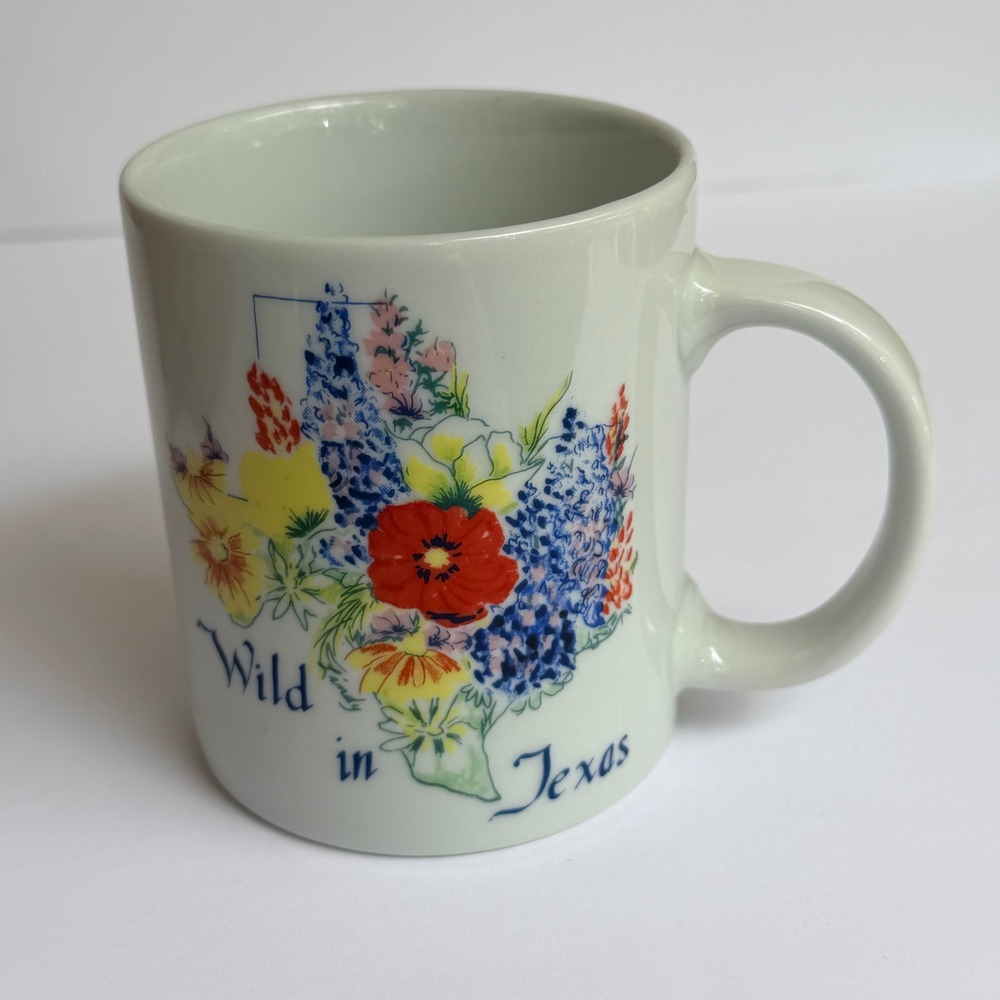 Vintage HEB Wild in Texas Coffee Mug Bluebonnet Floral State Shape Longhorn Logo